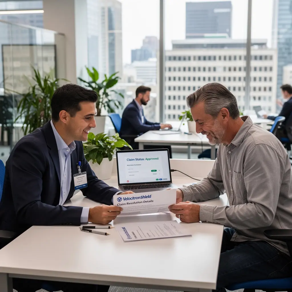 Zadowolony klient odbierający polisę ubezpieczeniową przy samochodzie.